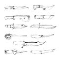 Set of hand drawn fighting knifes isolated on white.
