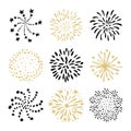 Set of hand drawn fireworks and sunbursts. Isolated black and gold vector objects, icons on white background Royalty Free Stock Photo