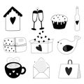 A set of hand-drawn flat vector icons in black and white. Valentine's Day concept isolated on white background Royalty Free Stock Photo