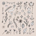 Set of hand drawn floral design elements. Doodle. Flowers, branches, ribbons, stars. Rustic decor elements Royalty Free Stock Photo