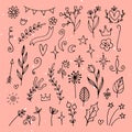 Set of hand drawn floral design elements. Flowers, branches, ribbons, stars. Rustic decor elements. Doodle Royalty Free Stock Photo