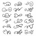 Set of hand drawn flourish swirl ornate decoration elements. Decorative black ink pen curled lines collection Royalty Free Stock Photo