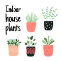 Set of hand drawn flower pots with quote: Indoor house plants. - vector Royalty Free Stock Photo