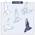 Set of hand-drawn flying pigeons in different styles, as free hand sketch, poligonal geometric and solid shapes