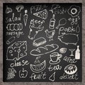 Set of hand-drawn food on chalkboard. Restaurant food menu design. Vector illustration.