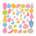 Set of hand drawn fruit and berries icons. Summer coloured fruit collection. Sketch, doodle style