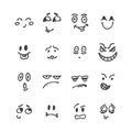 Set of hand drawn funny faces. Happy faces. Sketched facial expressions set. Different emotions. Smile icons