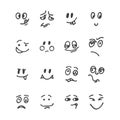 Set of hand drawn funny faces. Happy faces. Sketched facial expressions set. Different emotions
