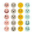 Set of hand drawn funny smiley faces. Sketched facial expressions set. Emoji icons. Collection of cartoon emotional characters. Royalty Free Stock Photo