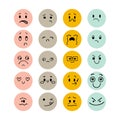 Set of hand drawn funny smiley faces. Sketched facial expressions set. Emoji icons. Happy kawaii style. Collection of cartoon Royalty Free Stock Photo