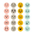 Set of hand drawn funny smiley faces. Sketched facial expressions set. Happy kawaii style. Collection of cartoon emotional