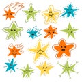 Set of hand drawn funny stars. Cartoon comic style for your desi