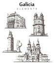 Set of hand-drawn Galicia buildings. Galicia elements sketch illustration