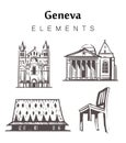 Set of hand-drawn Geneva buildings, elements sketch vector illustration