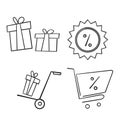 Set of hand drawn gift box icons, such as present, discount, package, price tag. Vector illustration isolated for graphic and web