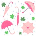 Set of Hand Drawn Glamorous Pink Umbrellas, Maple Leaves and Drops. Perfect for Print. Flat Umbrellas.