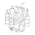 Set of Hand-Drawn Glasses, Bottles and Glass Decanters Arranged in a Shape of Circle.Sketch Drawing Glasses isolated on White