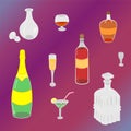 Set of Hand-Drawn Glasses, Bottles and Glass Decanters. Painted Flat Glasses. Doodle Style. Royalty Free Stock Photo