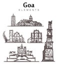 Set of hand-drawn Goa buildings.India, Goa elements sketch illustration.