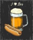 Set with hand drawn goblet of beer and hot dog. Hand made lettering - I love beer.. Sketch. Oktoberfest objects for menu, poster, Royalty Free Stock Photo