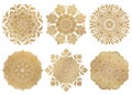 Set of 6 hand-drawn gold Arabic mandala on white background. Ethnic vector decorative ornament.