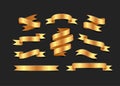 Set of hand drawn gold satin ribbons on blacke background isolated. Flat objects for your design. Vector art illustration