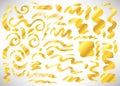 Set of hand drawn golden brushes. Shining brush stroke. Gold ink spots and splashes Royalty Free Stock Photo