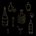 Set of Hand-Drawn Golden Glasses, Bottles and Glass Decanters. Sketch Drawing Golden Glasses isolated on Black.