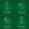 Set of Hand-Drawn Golden Wineglasses. Sketch Drawing Golden Glasses isolated on Green Royalty Free Stock Photo