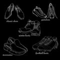 Set hand drawn graphic Men Footwear on black background. Casual and sport style for man. Shoes for all seasons. Doodle