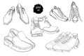 Set hand drawn graphic Men Footwear on white background. Casual and sport style for man. Shoes for all seasons. Doodle