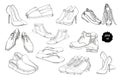 Set hand drawn graphic Men and women Footwear, shoes. Casual and sport style, gumshoes for Shoes for all seasons