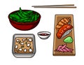 Set of hand-drawn graphic objects of Asian food.