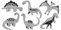 Set of hand drawn grayscale black and white high contrast dinosaur silhouette clipart