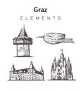 Set of hand-drawn Graz buildings, elements sketch illustration