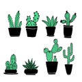 Set of hand drawn green cacti with black pots on white  background in minimalistic  scandinavian style. Royalty Free Stock Photo