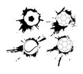 Set of hand drawn grunge banners with soccer ball. Black background with splashes of watercolor ink and blots. Royalty Free Stock Photo