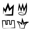 Set hand drawn grunge black crowns. Brush paint signs isolated on white background.