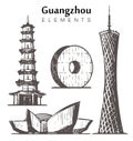 Set of hand-drawn Guangzhou buildings elements sketch vector illustration