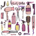 Set of hand drawn hair styling and care products and items