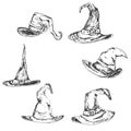 Set of Hand drawn Halloween textured witch`s hat vector illustration. Royalty Free Stock Photo