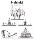 Set of hand-drawn Hamburg buildings elements sketch illustration