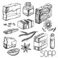 Set of hand drawn handmade soaps and ingredients for soap making. Hand soap, cinnamon, coffee, oil, orange, juniper, calendula. Royalty Free Stock Photo