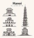 Set of hand-drawn Hanoi buildings.Hanoi sketch illustration.