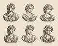 Set of hand drawn heads of antique mythical goddess statues in engraving style. Ancient Greek female sculptures. Royalty Free Stock Photo