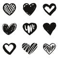 Set of hand drawn heart. Handdrawn rough marker hearts isolated on white background.