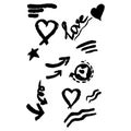 Set of hand drawn hearts and arrows. black