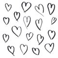 Set of hand drawn hearts on white background