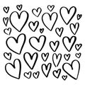 Set of hand drawn hearts. Black ink paintbrush various heart shapes vector illustration isolated on white background. Romantic Royalty Free Stock Photo