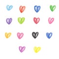 Set of hand drawn hearts. Colored pencils texture red blue orange yellow cyan pink magenta purple black green. To Royalty Free Stock Photo